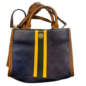 Anne Klein Vegan Leather Stylish Brown Blue Gold Zip Handbag Shoulder Bag